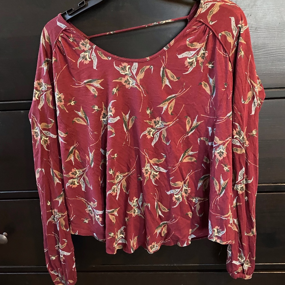 Free People Blouse with Criss Cross Open Back |Size XS | Burgundy with pattern